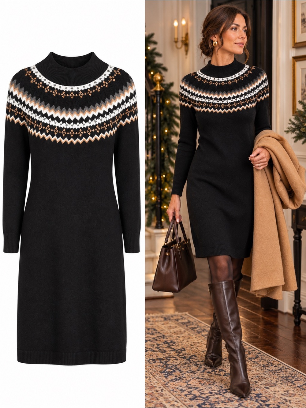 Talbots Spruce Fair Isle Sweater Dress Black Nordic Knit Mock Neck Size Large